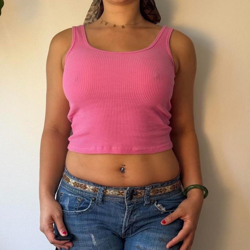 One Step Up Pink Ribbed Tank Top Cami Y2K Cotton Crop Medium